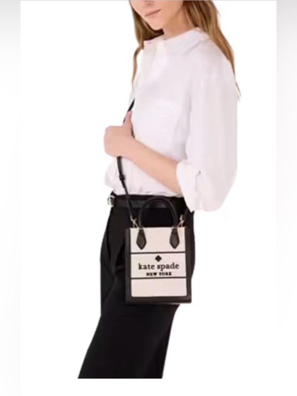 NWT Kate Spade Mini Ellie Tote Black Leather with Tan Straw Canvas - Picture 11 of 11